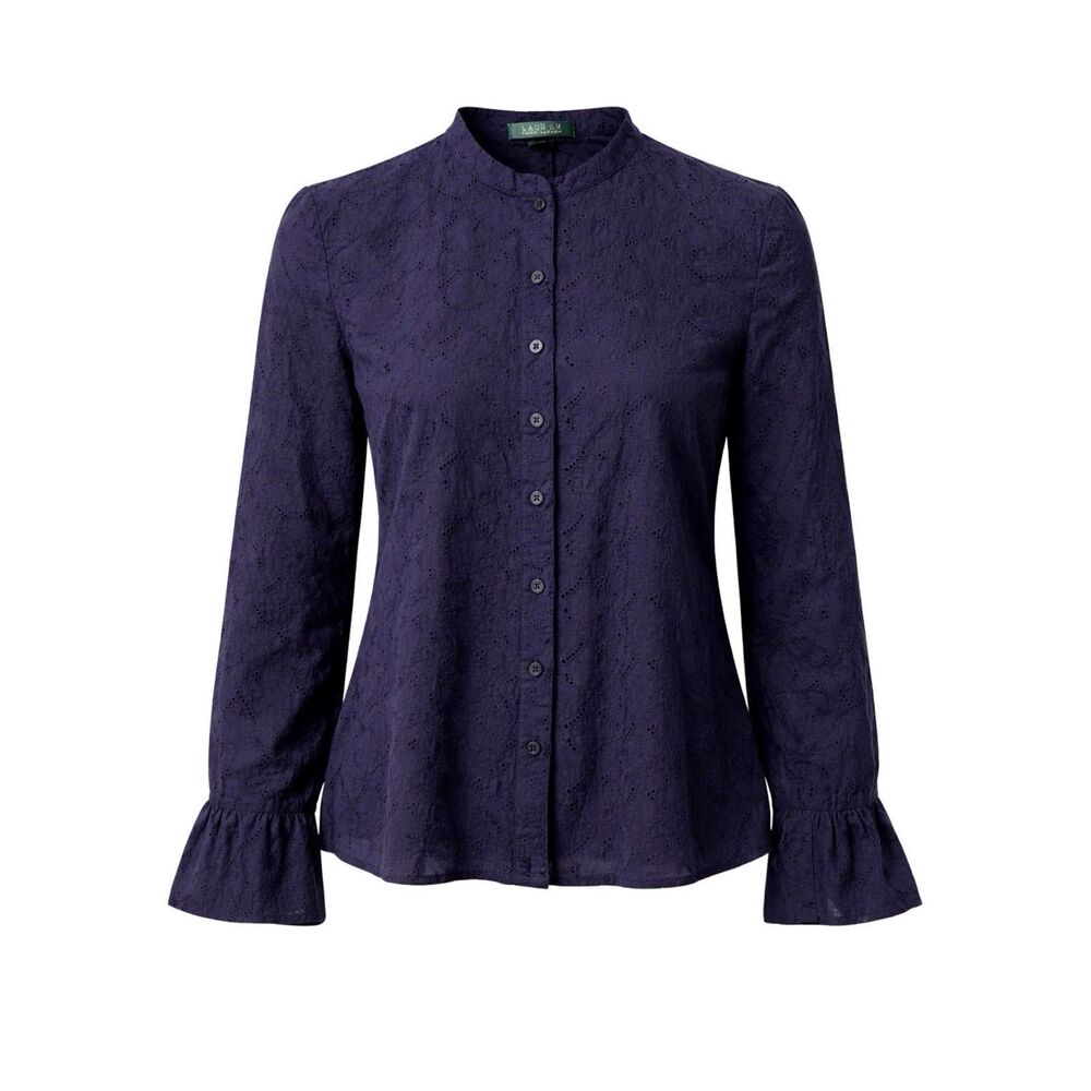 Lauren Ralph Lauren Navy Blue Eyelet Cotton Ruffle Cuff Button Blouse Classy 12